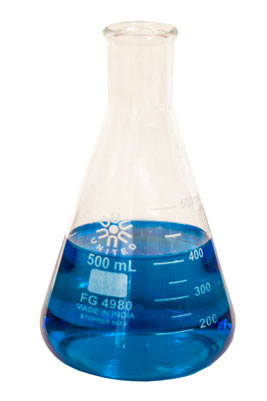 a beaker half full of blue liquid cobalt solution